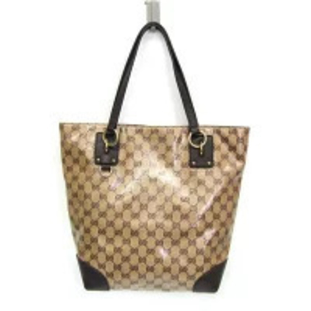 Gucci GG Crystal Leather Tote Bag Dark Brown Beige
